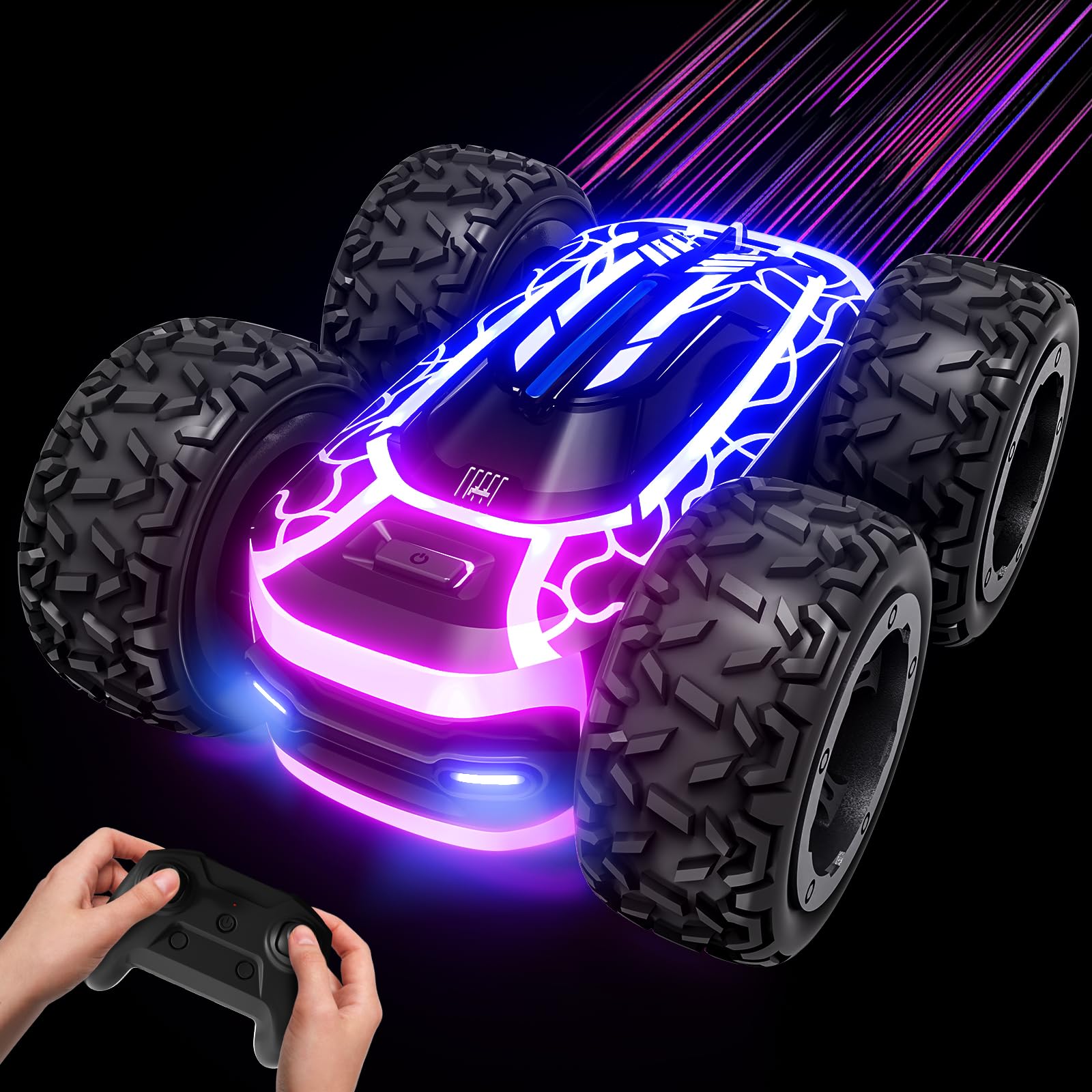 Tecnock Remote Control Cars, 2.4GHz Double Sided RC Stunt Car with LED Lights, 360° Flips Rotating 4WD RC Car, Indoor & Outdoor Toys Gifts for Boys Kids Girls Age 3+