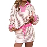 Fisoew Womens Striped 2 Piece Outfits Casual Sweatshirt Skirt Set Long Sleeve Skort Workout Set Matching Lounge Sets