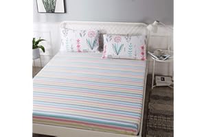 AMWAN Cotton Striped Fitted Sheet Queen Soft Deep Pocket Bedding Sheet Modern Kids Girls Fitted Sheet for Teens Boys Full Queen Bed Bottom Sheet Fresh All Seasons Mattress Cover (NO Pillowcases) 1