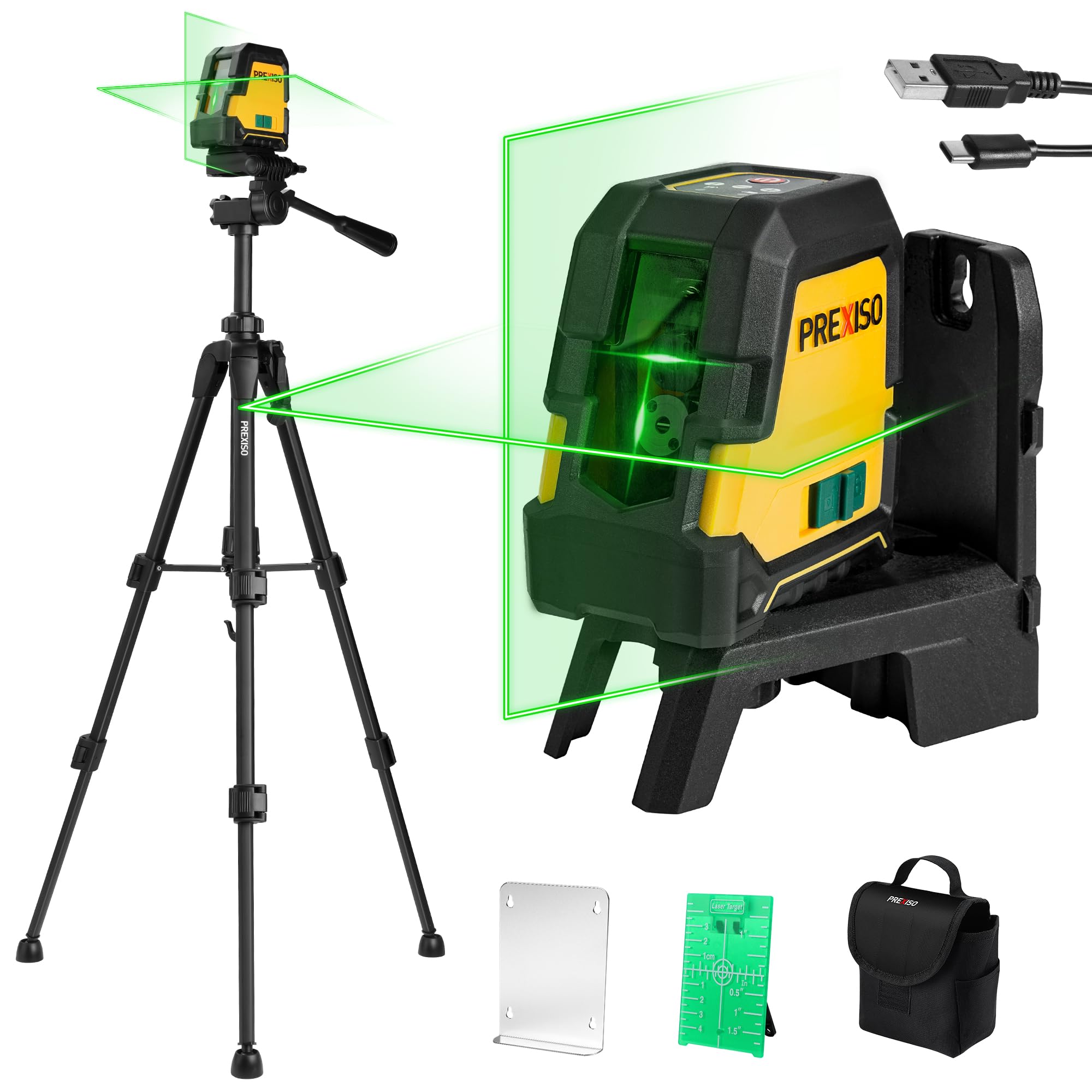 PREXISO Laser Level with Tripod, 30 m Rechargeable Self Leveling Cross Line Green, Horizontal and Vertical Line Laser with Magnetic Holder, Level Tool for Construction, Floor Tiles
