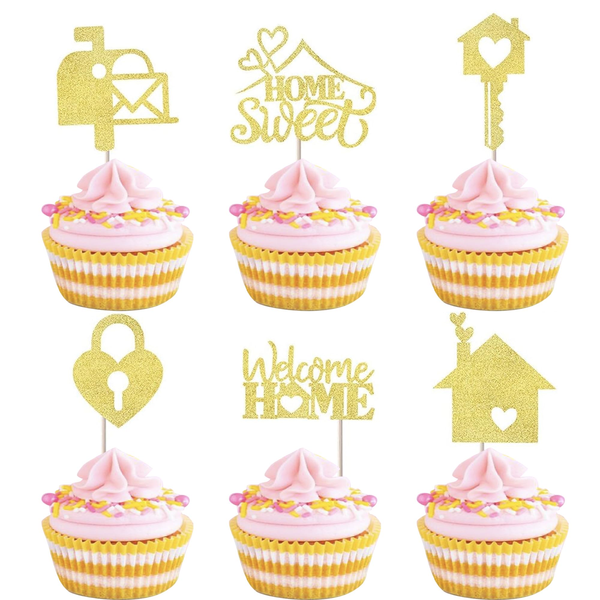 SYKYCTCY 24 Pack Sweet Home Cupcake Toppers Glitter Key Lock Housewarming Cupcake Picks New Home Theme Party Welcome New House Party Cake Decorations Supplies Gold
