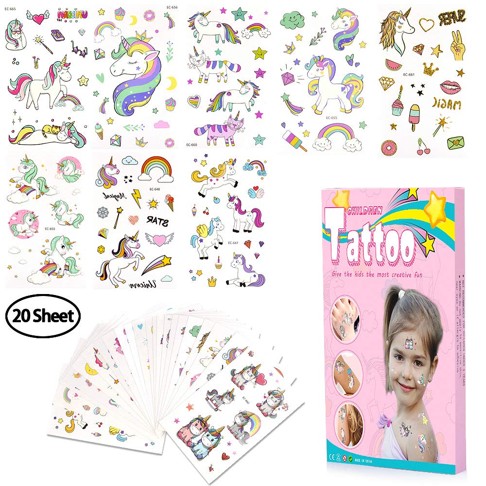 HOTFIT Tattoo Kinder, 20 Sheet Einhorn Kinder Tattoo Set kindertattoos Temporäre Tattoos für Kindergeburtstag Einhorn Party Nagelsticker + Ballon (Einhorn # 2)