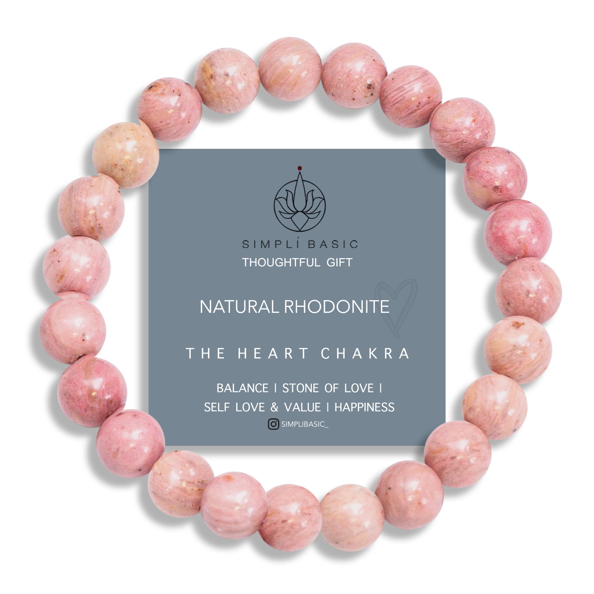 SIMPLÍ BASIC Natural Rhodonite Healing Gemstone Bracelets 8mm Bead | Womens & Mens Bracelets | Recognising Purpose | Enhance Confidence | Everyday Jewellery | Inc Gift Box