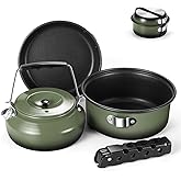 Odoland 5pcs Camping Cookware Non-Stick Camping Pot and Pan Set with Kettle and Removable Handle for Hiking Backpacking and Picnic