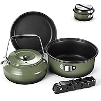 Odoland 5pcs Camping Cookware Mess Kit with Removable Handle,Non-Stick Lightweight Pot Pan Kettle Set-Perfect for Backpacking