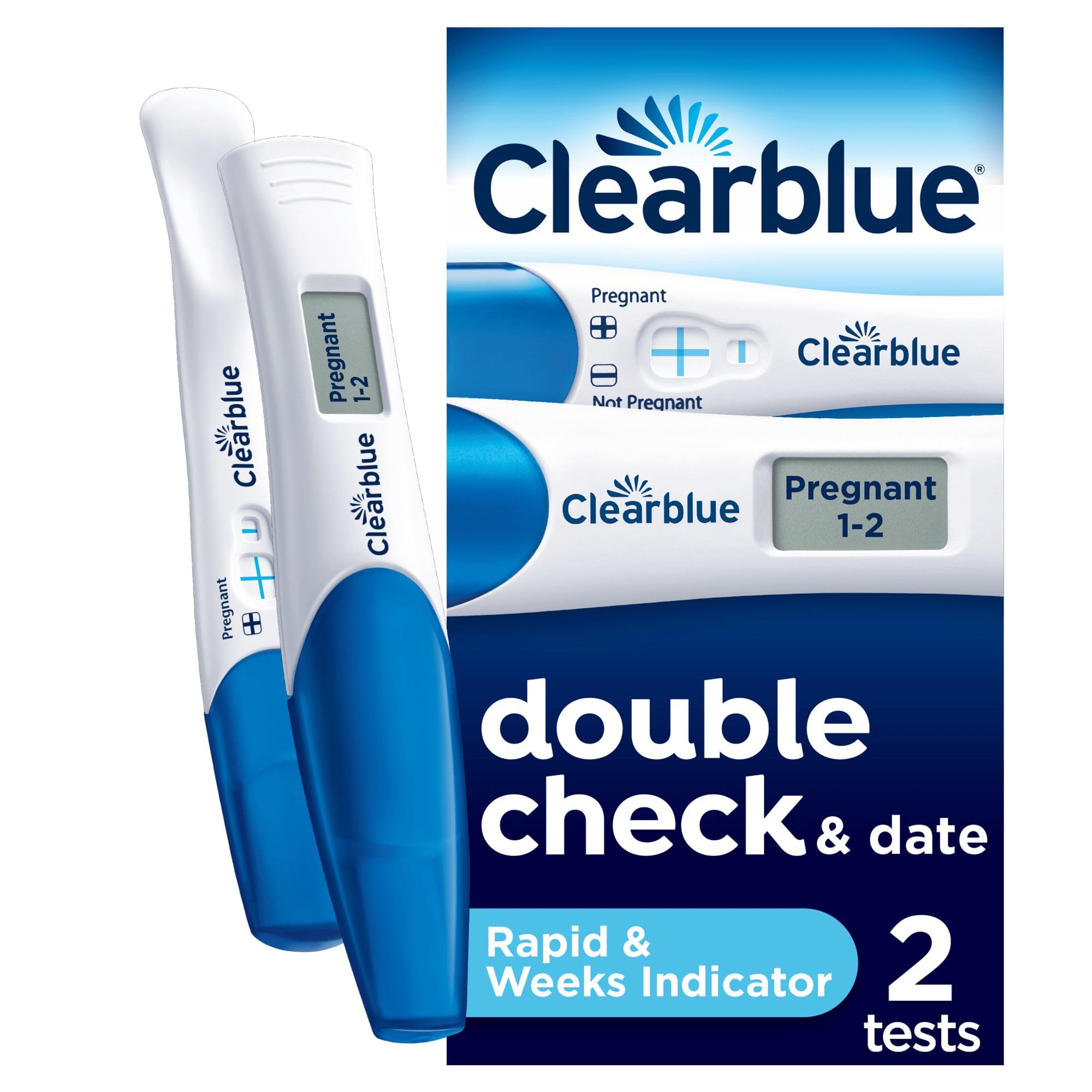 Clearblue Pregnancy Test Double-Check & Date Combo Pack, Result As Fast As 1 Minute (Visual Stick) & Tells You How Many Weeks (Digital Stick), Kit of 2 Tests (1 Digital, 1 Visual), Packaging May Vary