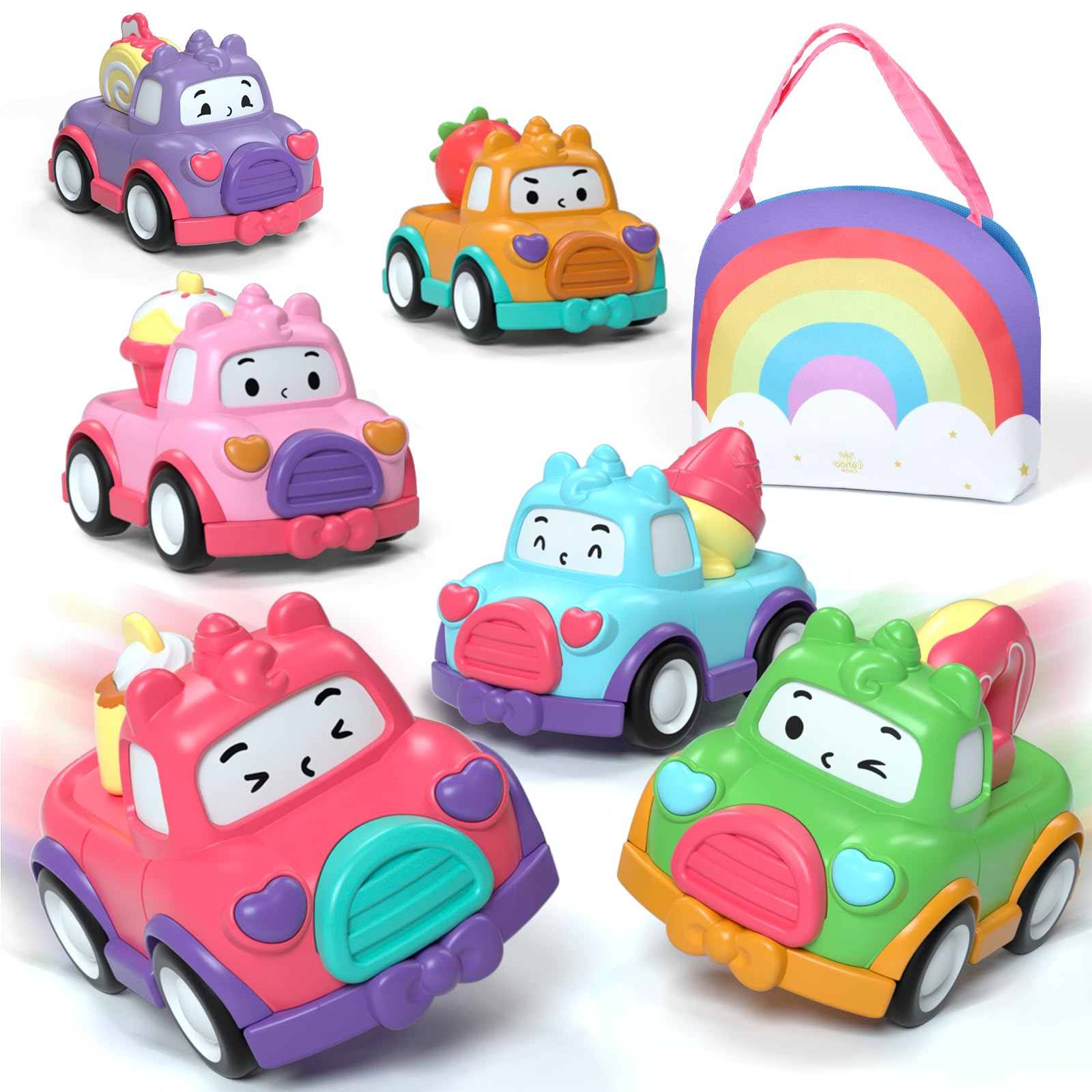 Lehoo Castle Toddler Toys for 1 Year Old Girls, Gifts for 1 Years Old Girl, Pull Back Cars Baby Toy 1 2 3 Year Old, Dessert Car Toys with Rainbow Bag 7 PCS — image 1