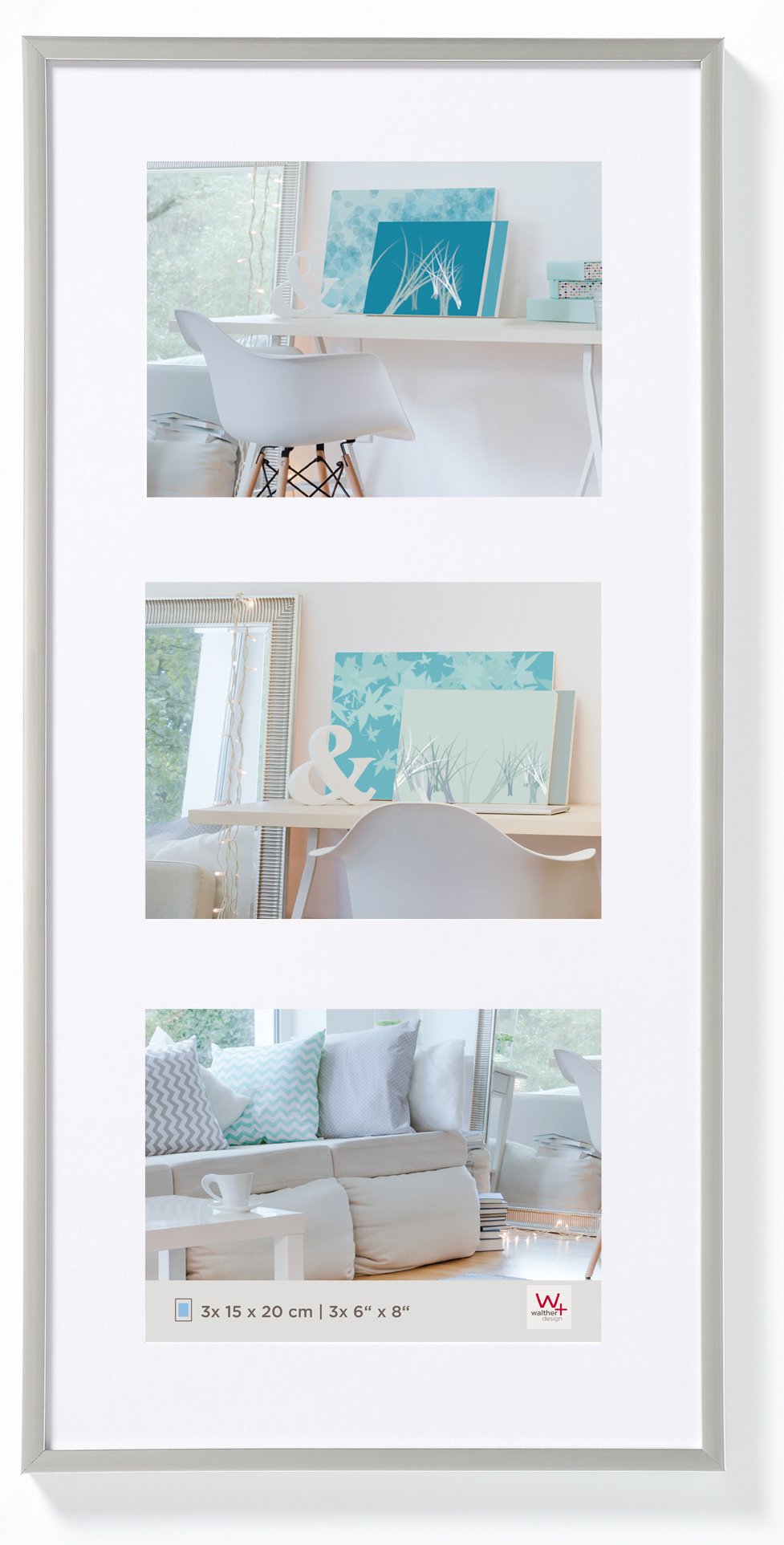 walther design Bilderrahmen silber 3X 15x20 cm Galerie mit Passepartout, New Lifestyle Kunststoffrahmen KV320S