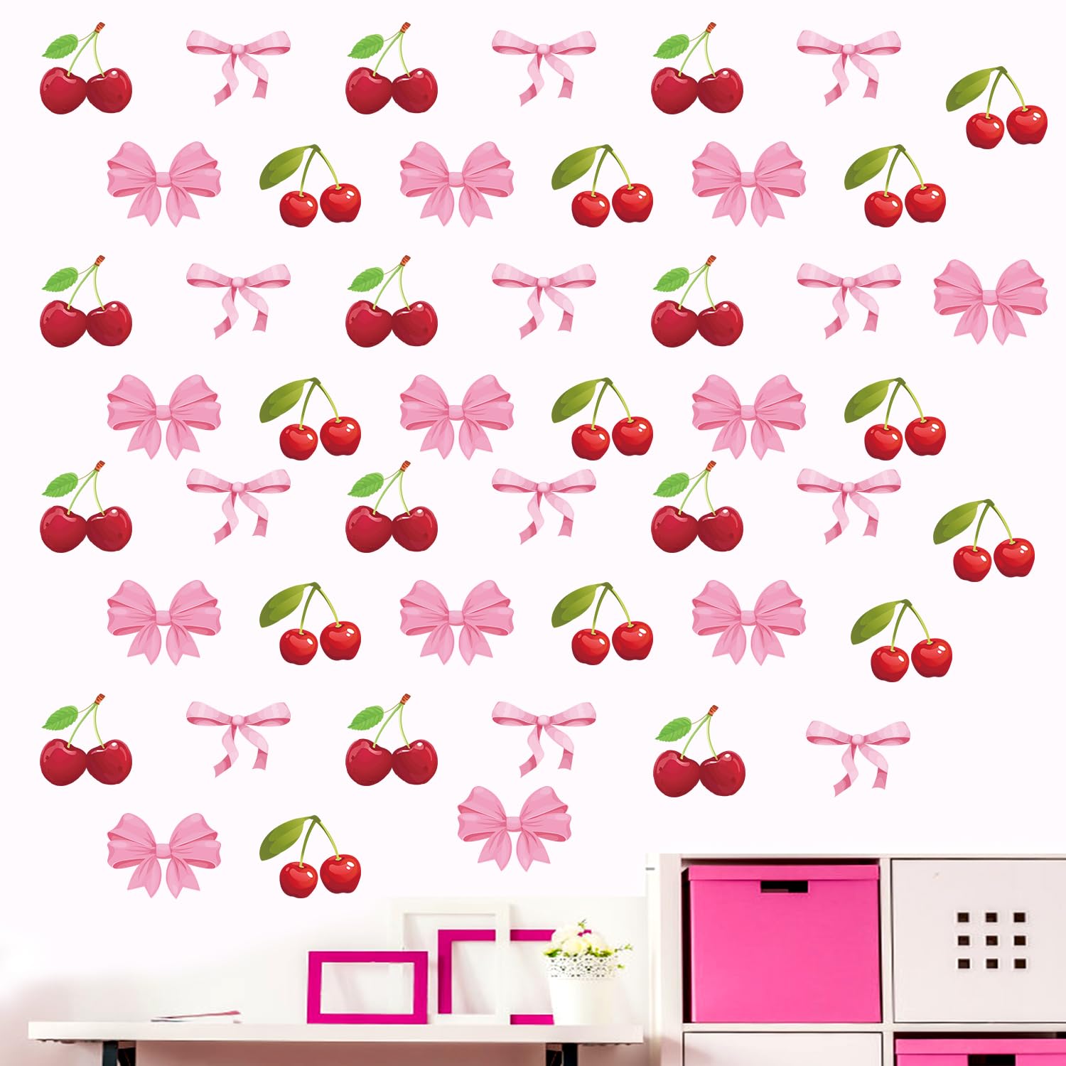 12 Sheet Pink Bow Wall Stickers, 11.81x7.87in Trendy Bow Wall Decals Coquette Bow Wall Decor Watercolor Room Mural Stickers for Kindergarten Nursery Bedroom (B Style)