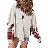 Ardrem Women Color Block Waffle Knit Long Sleeve Shirts Button Up V Neck Sweatshirts Plaid Pullover Tops