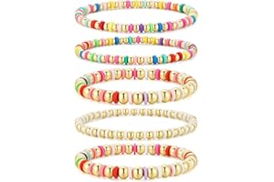 M MOOHAM Gold-Plated Beaded Bracelets for Women Teen Girls Non Tarnish - Dainty 14k-Gold-Plated Pearl Beaded Stretch Bracelet Stack Set for Women Trendy Jewelry Christmas Stocking Teenage Girl Gifts