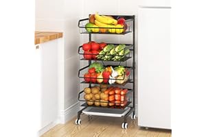 Goderewild 4-Tier Kitchen Snack Cart with Wheels – Versatile Rolling Storage Cart for Pantry, Utility Rooms – Adjustable Metal Wire Fruit & Vegetable Basket Rack (Black Without cart Handle, 4-Tier)