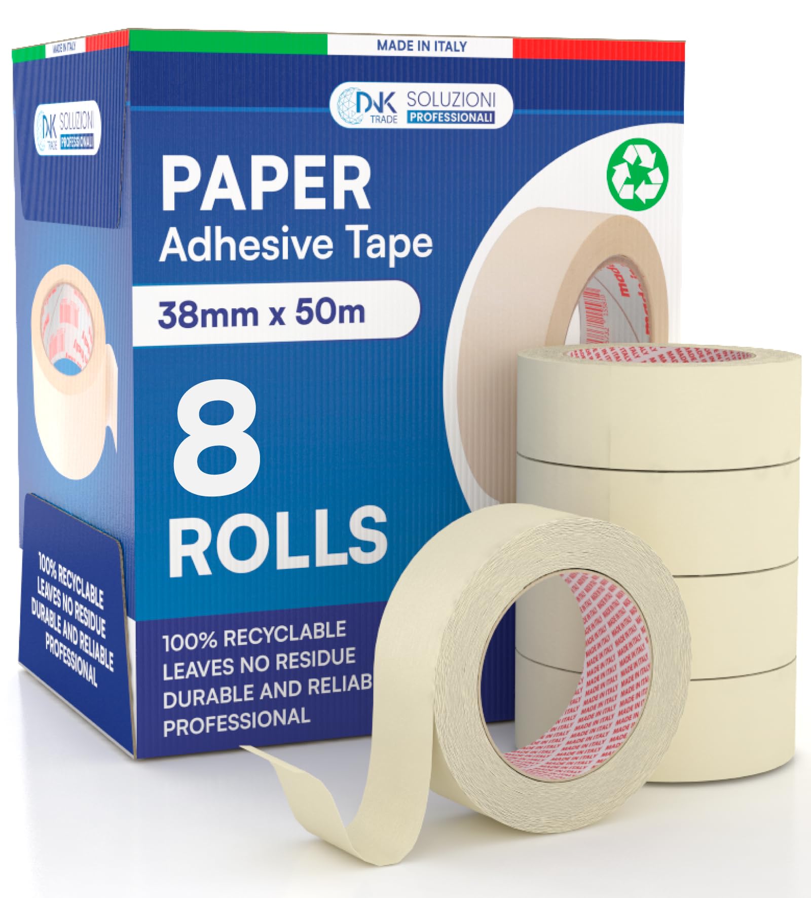DNK TRADE Paper Tape 38mm x 50m for Painters Professional Recyclable Gummed Paper for Masking Painting and Whitewashing - 8 Rolls