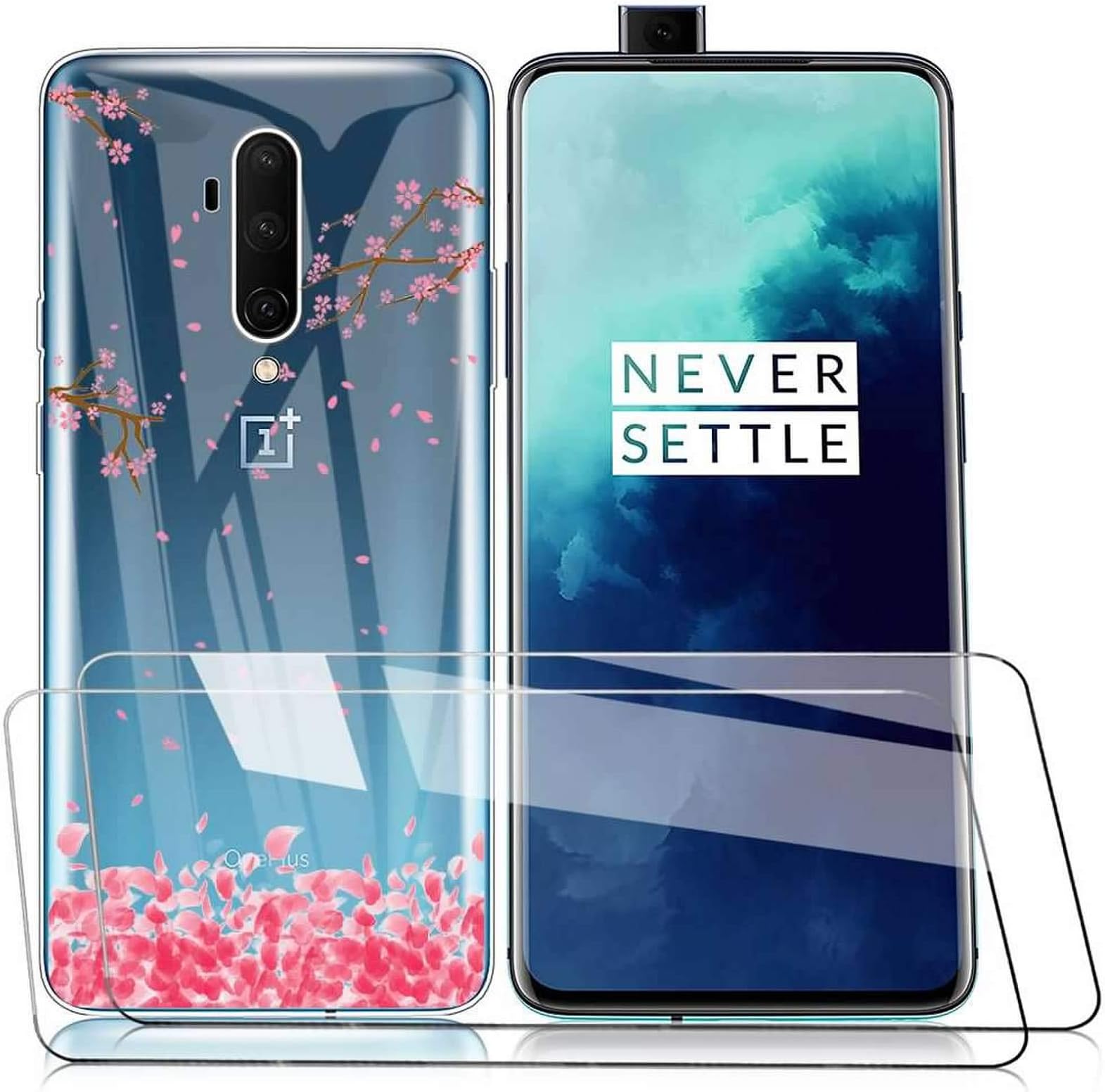 (3 in 1) for OnePlus 7T Pro Case + (2 Pack) Glass Screen Protector Slim Clear Soft TPU Silicone Phone Case Cover with (Flower 6) Transparent for OnePlus 7T Pro