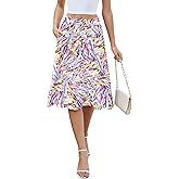 KUOTAI Women's Flowy Skirt Midi Length High Waist A-Line Skirts with Pockets Flared Below The Knee Skirts
