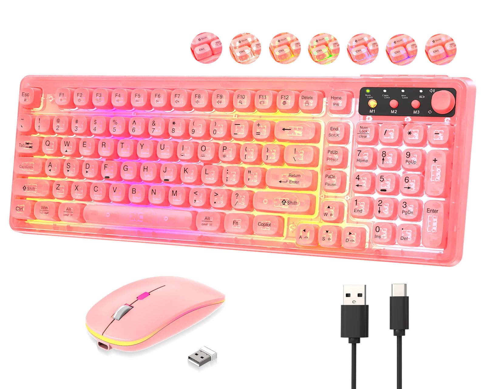 Pink Light Up Keyboard and Mouse Wireless,Cute 2.4Ghz Cordless Rechargeable Transparent Clear Backlit Keyboard,15 Backlight Effects,Volume Knob,RGB Mouse with 3 DPI for Mac Computer PC Laptop Desktop