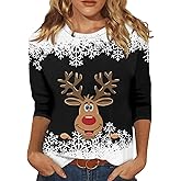 2025 Womens 3/4 Sleeve Tops Mardi Gras and Christmas Costumes Fashion Round Neck Santa Snowflake Printed Blouse