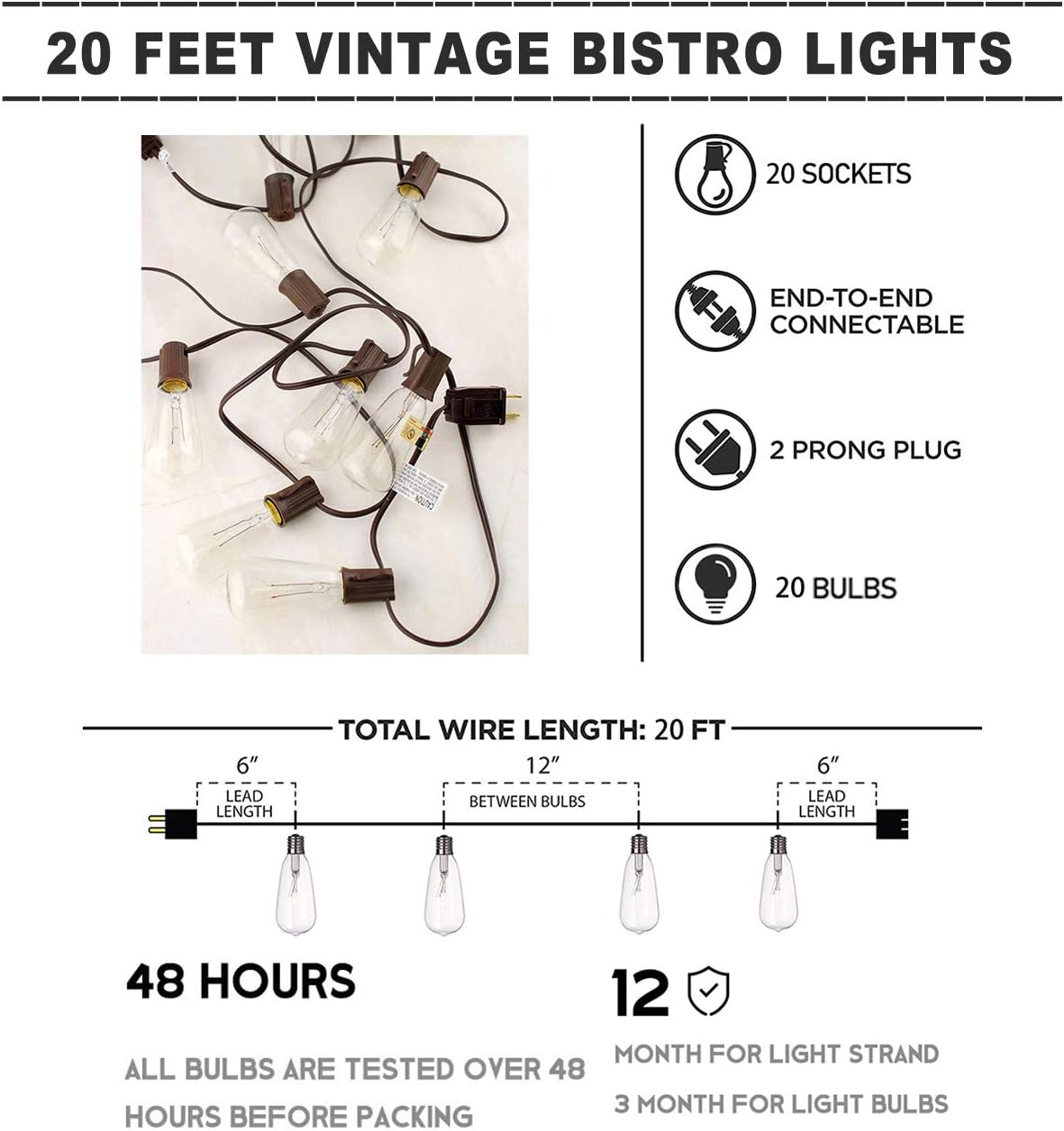 Afirst Outdoor String Lights 20Ft with 20 Edison Bulbs Vintage Bistro String Lights Waterproof Patio String Lights for Garden/Backyard Party/Wedding-Brown Cord: Home Improvement