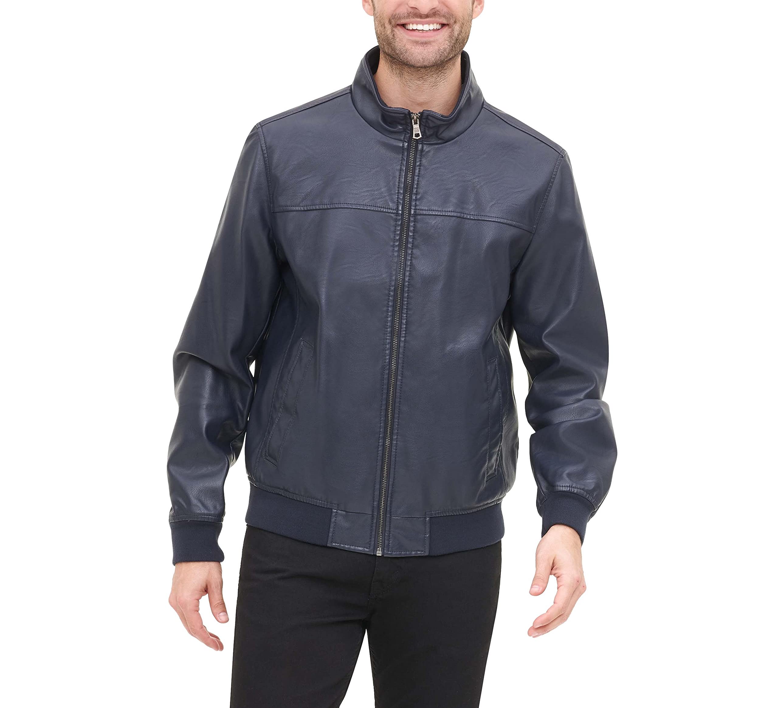 Tommy Hilfiger Men's Smooth Lamb Faux Leather Unfilled Bomber Jacket, Navy, Large Image