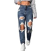 Floerns Women's High Waisted Distressed Jeans Straight Leg Casual Ripped Denim Pants