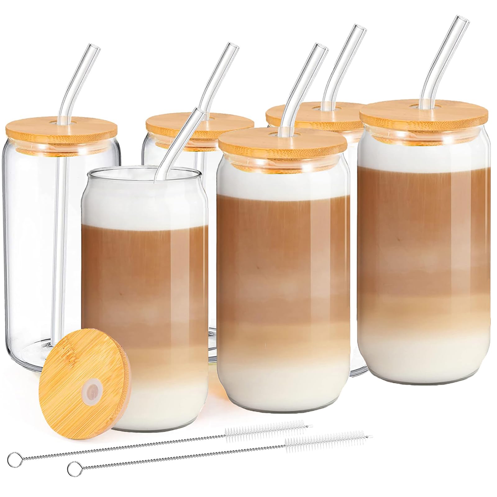 MEIMUCUL Drinking Glasses with Lid and Straw, 500ml Iced Coffee Glass, Set of 6 Can Shaped Drinking Glasses, Clear Glass Tumbler for Smoothie,Beer, Cocktail, Milk, Ice Water, Juice