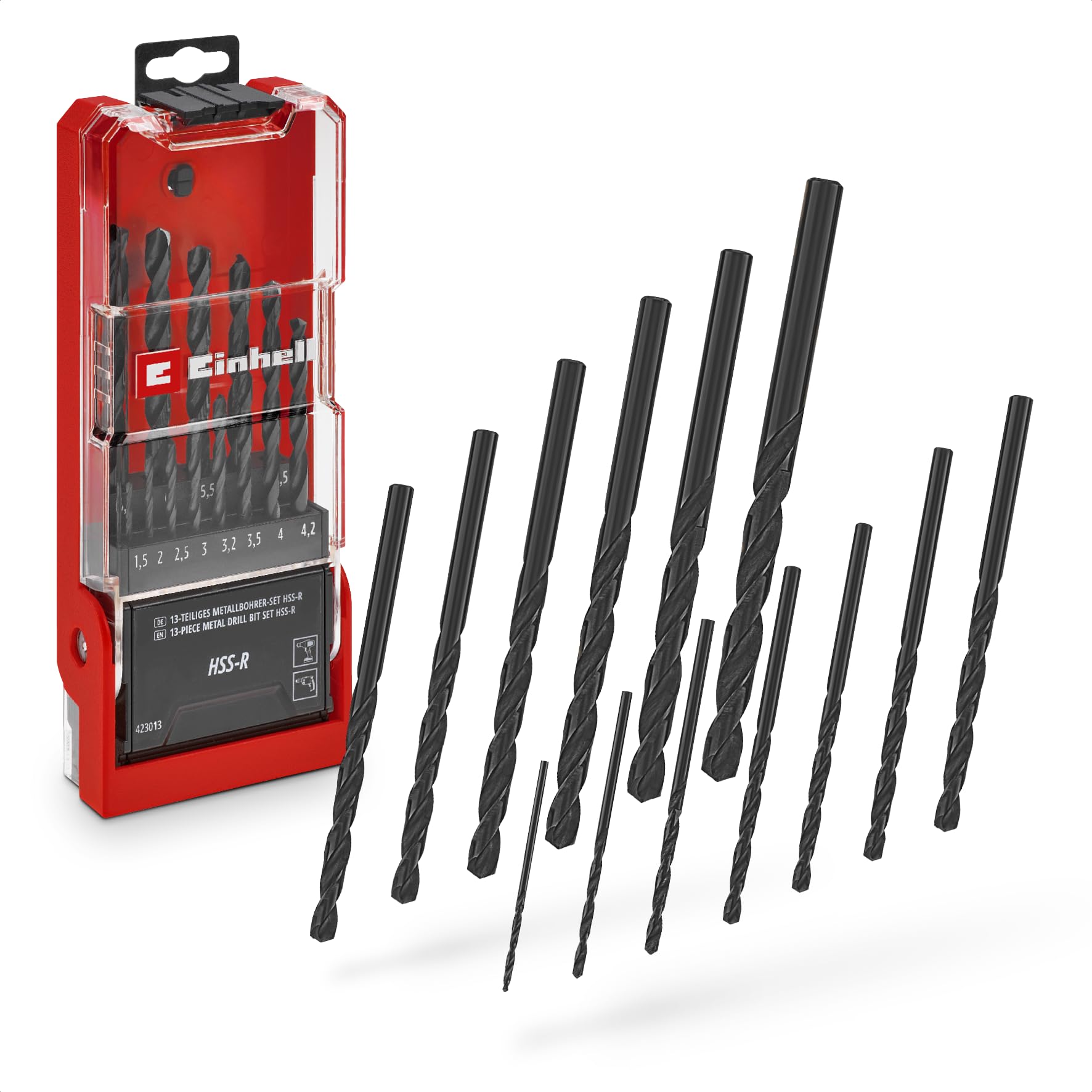 Original Einhell 13-Piece HSS-R Metal Drill Bit Set (HSS 4241 Steel, Black Burnished, 135° Drill Point, Roll-Forged Type N Spiral, Round Shank Incl. Storage Cassette)