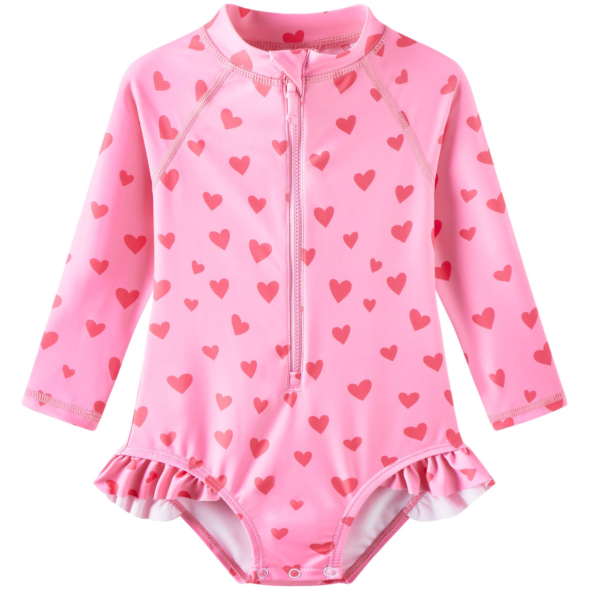 Photo 1 of UMELOK Baby Girls One Piece Swimsuit UPF 50+ Sun Protection Floral Printed Long Sleeve Rash Guard Swim Suit Infant Swimwear with Zipper Pink Love Pattern,18M