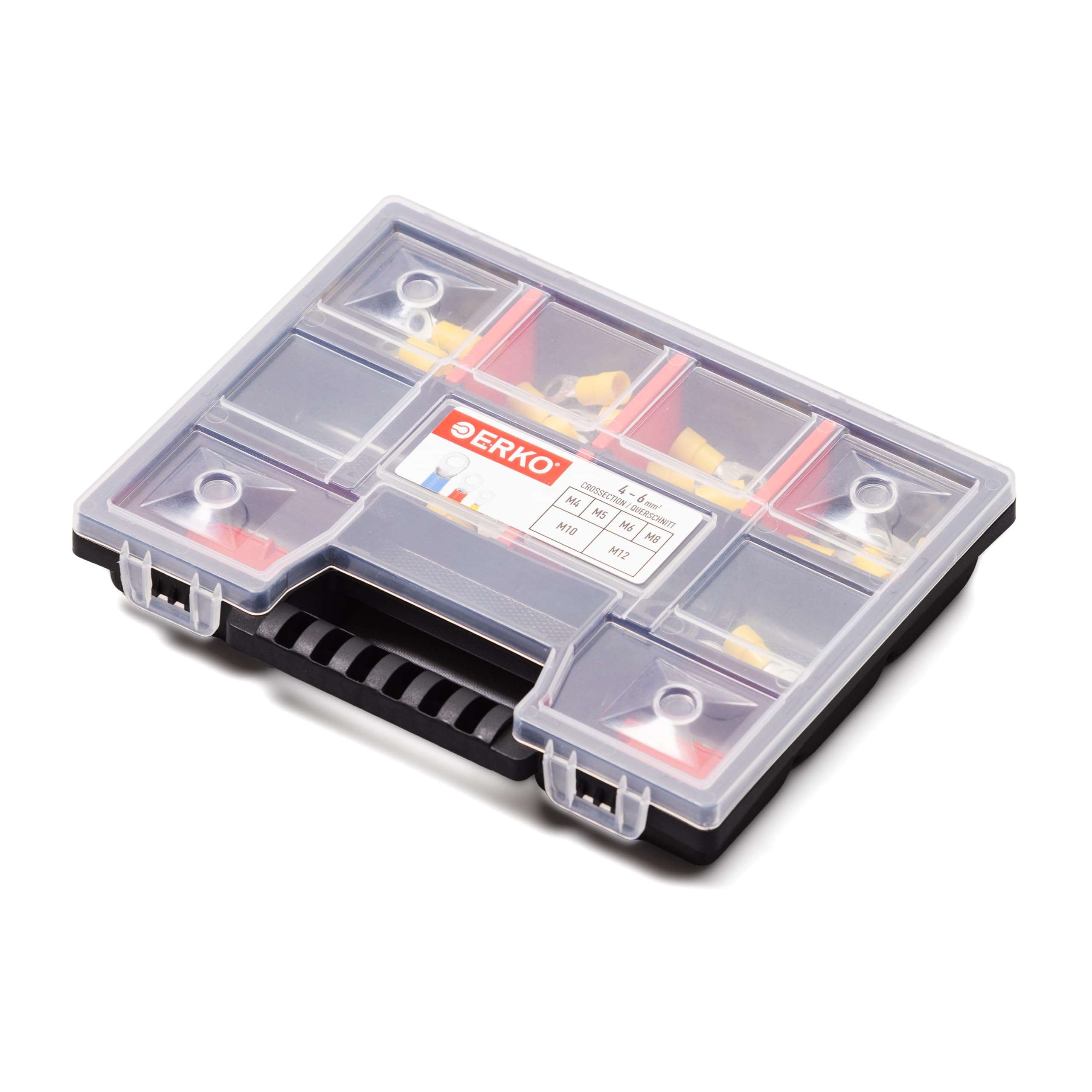 ERKO Professional cable lug set 32 pieces, insulated ring cable lugs 6 sizes, cross-section 4-6mm2, screw size M4/M5/M6/M8/M10/M12, manufactured according to German standard DIN 46234