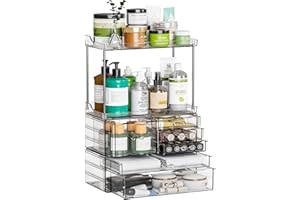 SUOXING 3 Tier 6-Drawer Bathroom Counter Organizer Shelf - Stackable Design - 18.9" Tall Large Cosmetic Organizer Suitable as Makeup,Beauty,Face Product,Lotion,Skincare Organizer,Clear