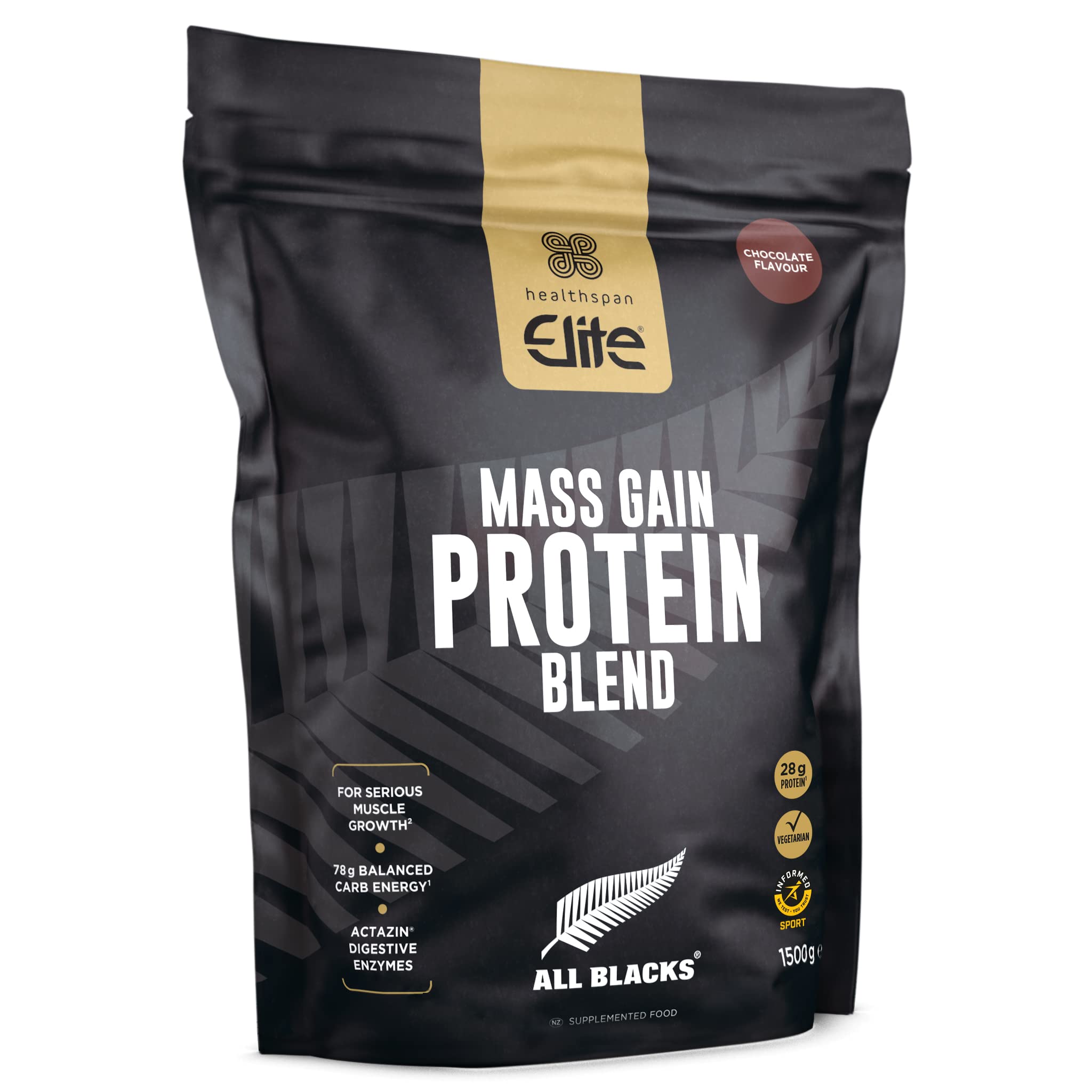 Healthspan Elite All Blacks Mass Gain Protein Blend (1500g) | Chocolate | 28g of Protein & 78g Carbohydrates per Serving | Amino Acid Complex | 5.6g BCAAs per Serving | with Actazin | Vegetarian