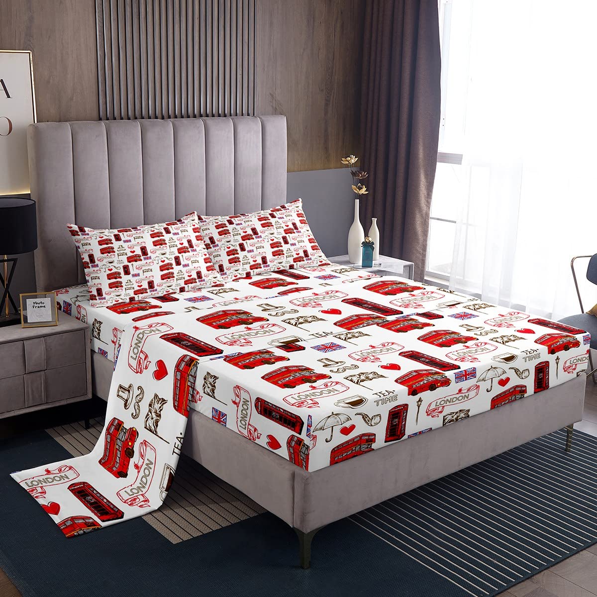 British Bed Sheets Set London Urban Sheet Set for Kids Boys Girls Decor Red Bus Sheets with Deep Pocket Fitted Sheet Microfiber England Flag Bedding Set Retro Telephone Booth Bed Set Single