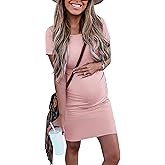 Peauty Everyday Essentials Maternity Bodycon Dress Side Ruch & Short Sleeve Dress for Baby Shower Daily (S-2XL)