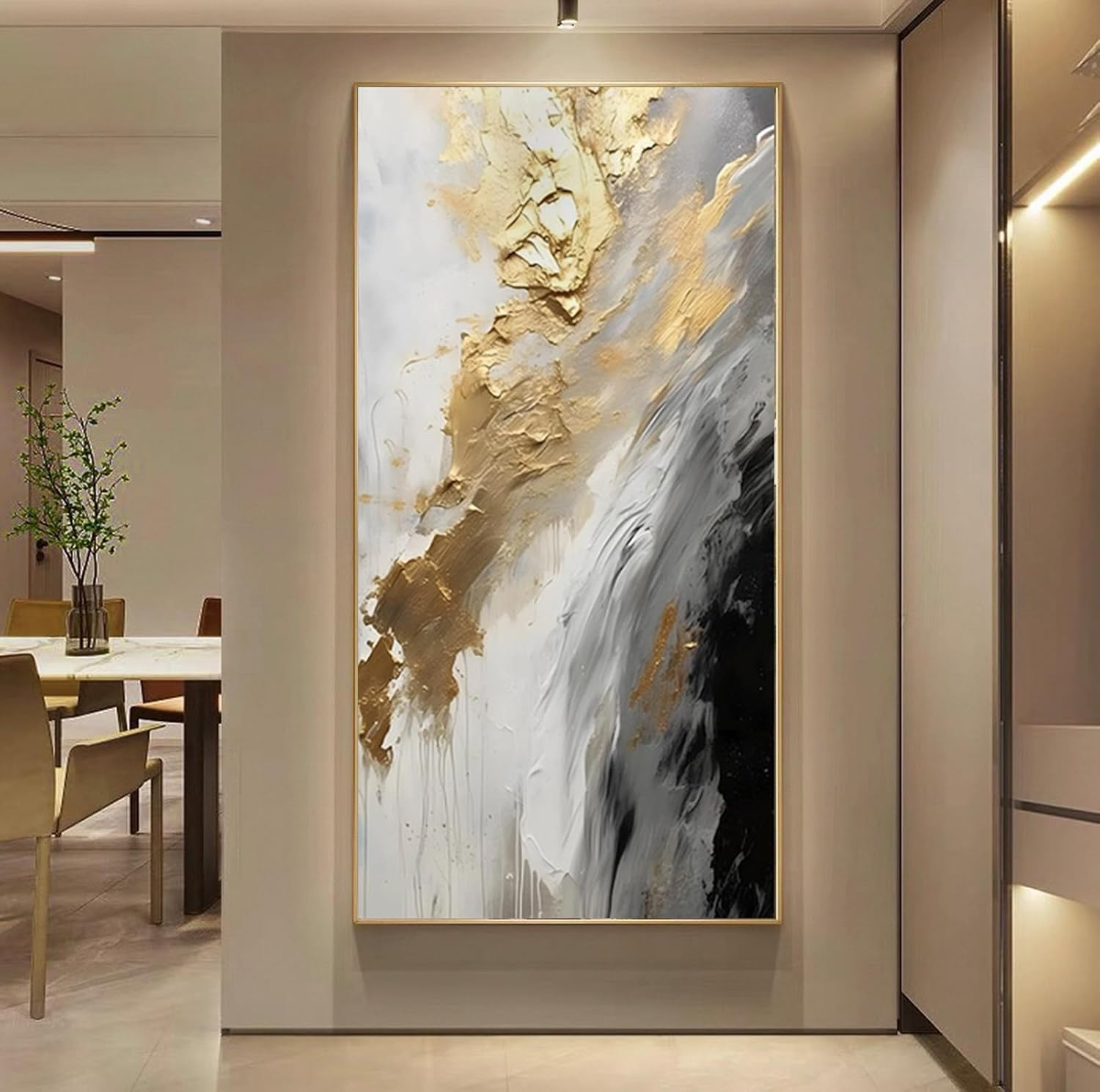 Paintings - Hand-Painted Gold Abstract Oil Painting on Canvas for Entrance-Hall, Framed White and Black Wall Art for Living Room,Large Wall Picture for Bedroom Kitchen Home Decoration 24x48inch