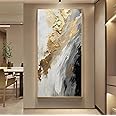 Hand-Painted Gold Abstract Oil Painting on Canvas for Entrance-Hall, Framed White and Black Wall Art for Living Room,Large Wall Picture for Bedroom Kitchen Home Decoration 24x48inch
