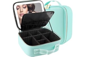 MOMIRA Travel Makeup Bag Cosmetic Bag Makeup Organizer Bag with Large Lighted Mirror 3 Color Scenarios Adjustable Brightness, Waterproof Makeup Travel Case, Large Makeup Train Case Toiletry Gift