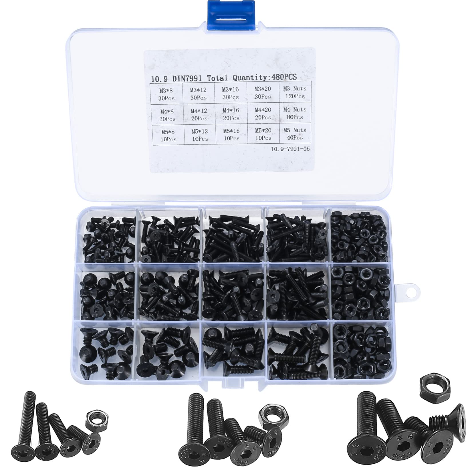 480 Pcs Assorted Set, Black Hex Socket Head Cap Screws, Bolts, Nuts - M3/M4/M5 Thread Fastener Machine Flat Head Hexagonal