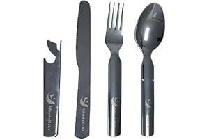 3BirdsHike Camping Outdoor Flatware Set with Military-Grade Spoon, Fork, Knife,Bottle can Opener & Multi-Tool - Stainless Ste