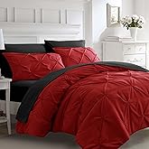 Ubauba 7pc King Size Comforter Set with Sheets, All Season Pintuck 7 Piece Bedding Sets Red and Black, Pinch Pleating Bed in a Bag Set with Comforters (Red and Black,King)