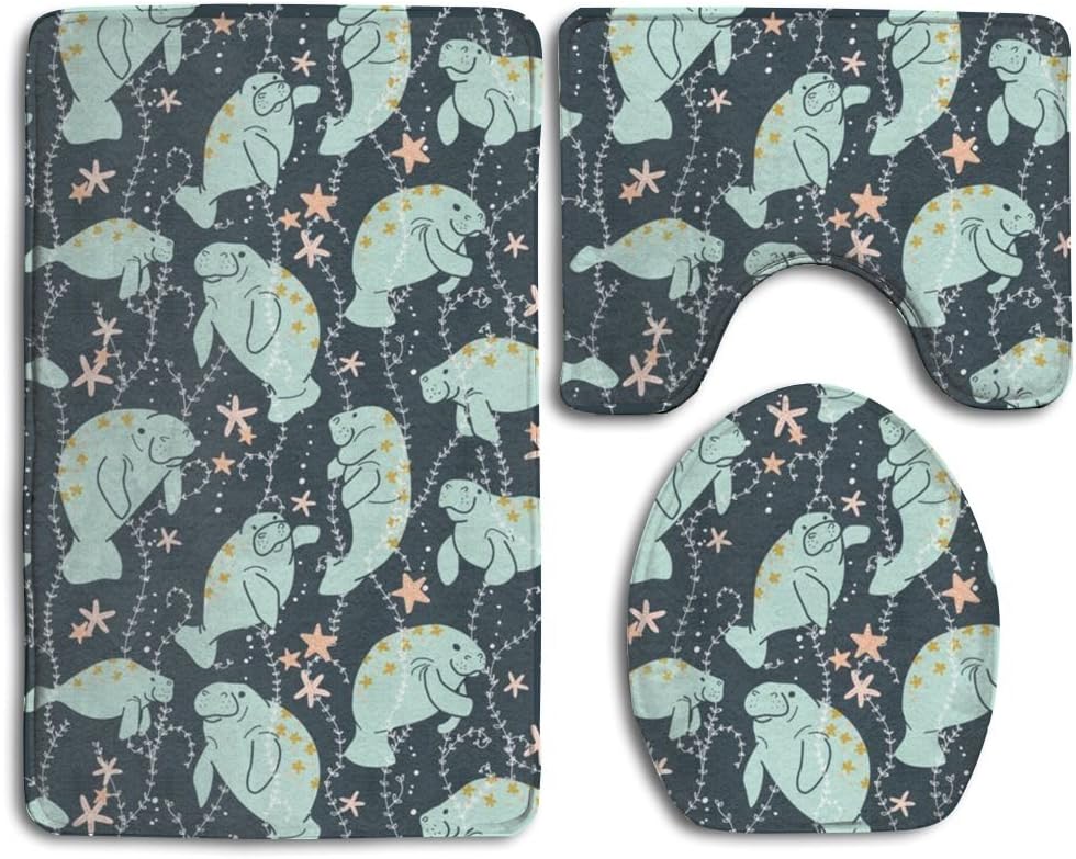 Amazon Com Bachenfan Manatee 3 Piece Bathroom Rug Set Bath Rug Contour Mat Lid Cover Non Slip With Rubber Backing Home Kitchen