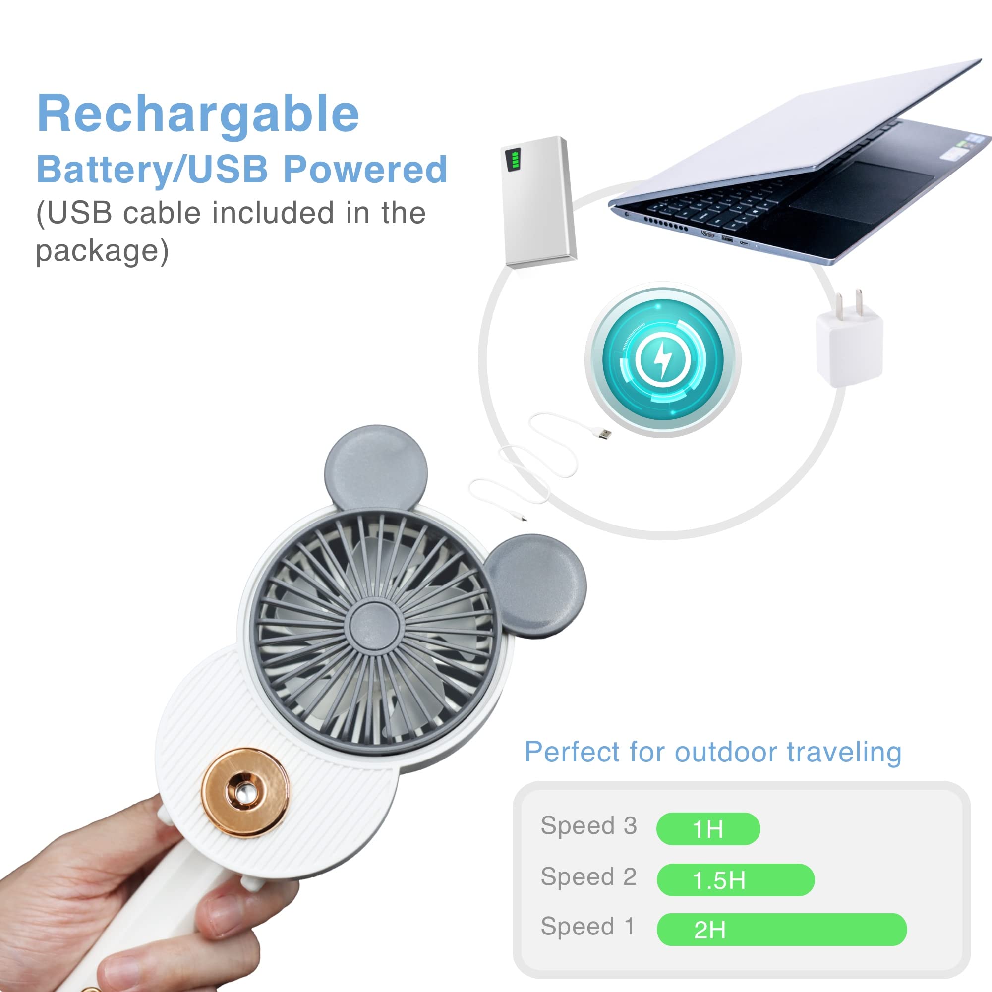 LACOVIA Cute Mouse Misting Mini Fan, Handheld Portable USB Rechargeable Fan with 3 Adjustable Speeds, Foldable For Travelling(Pink)