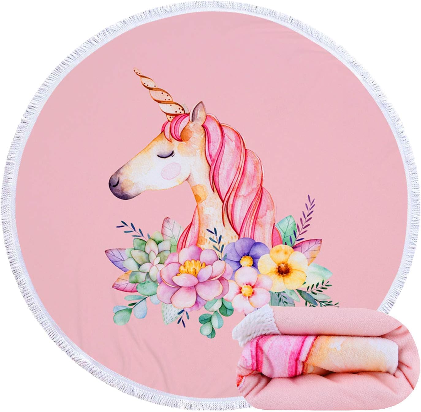 Unicorn Round Blanket Oversized Microfiber Picnic Mat 59 Inches Water Absorbent Beach Towel for Adults Kids