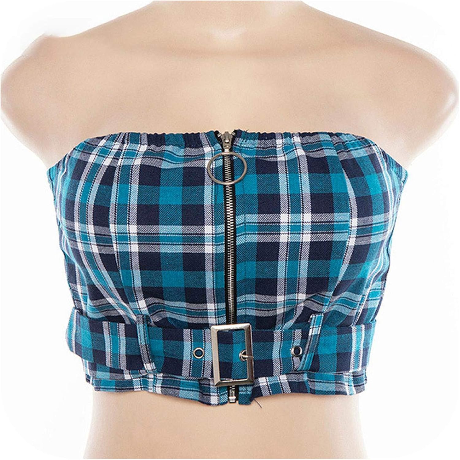 Fpump Vintage Plaid Blue Crop Top Cami Off Shoulder