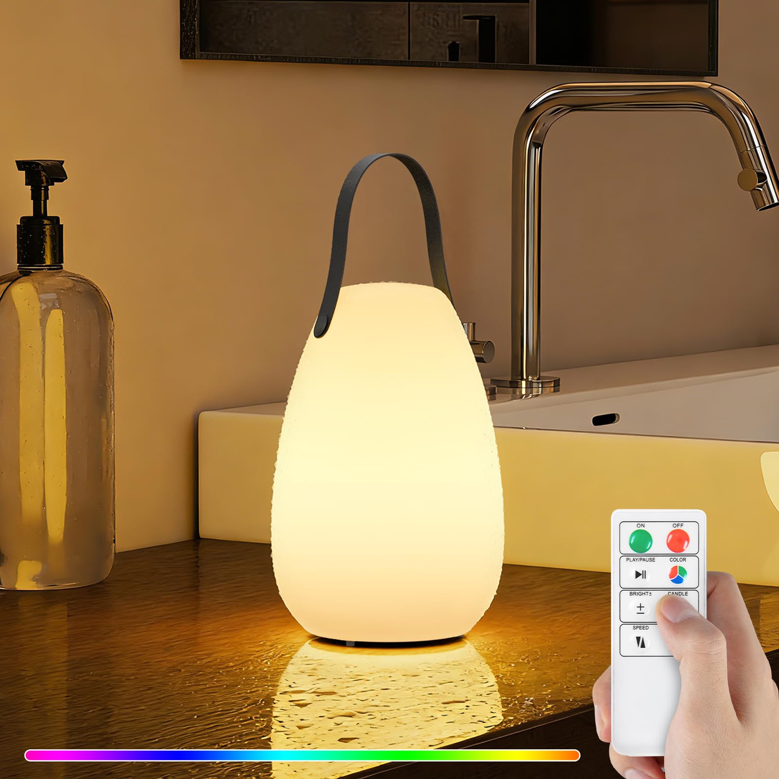 uuffoo LED Night Light, Portable Smart Bedside Table Lamp, Rechargeable Dimmable RGB Bedroom Lamp Kids, Waterproof Camping Light with Remote and Soft Handle Rope for Indoor Outdoor Home Decoration