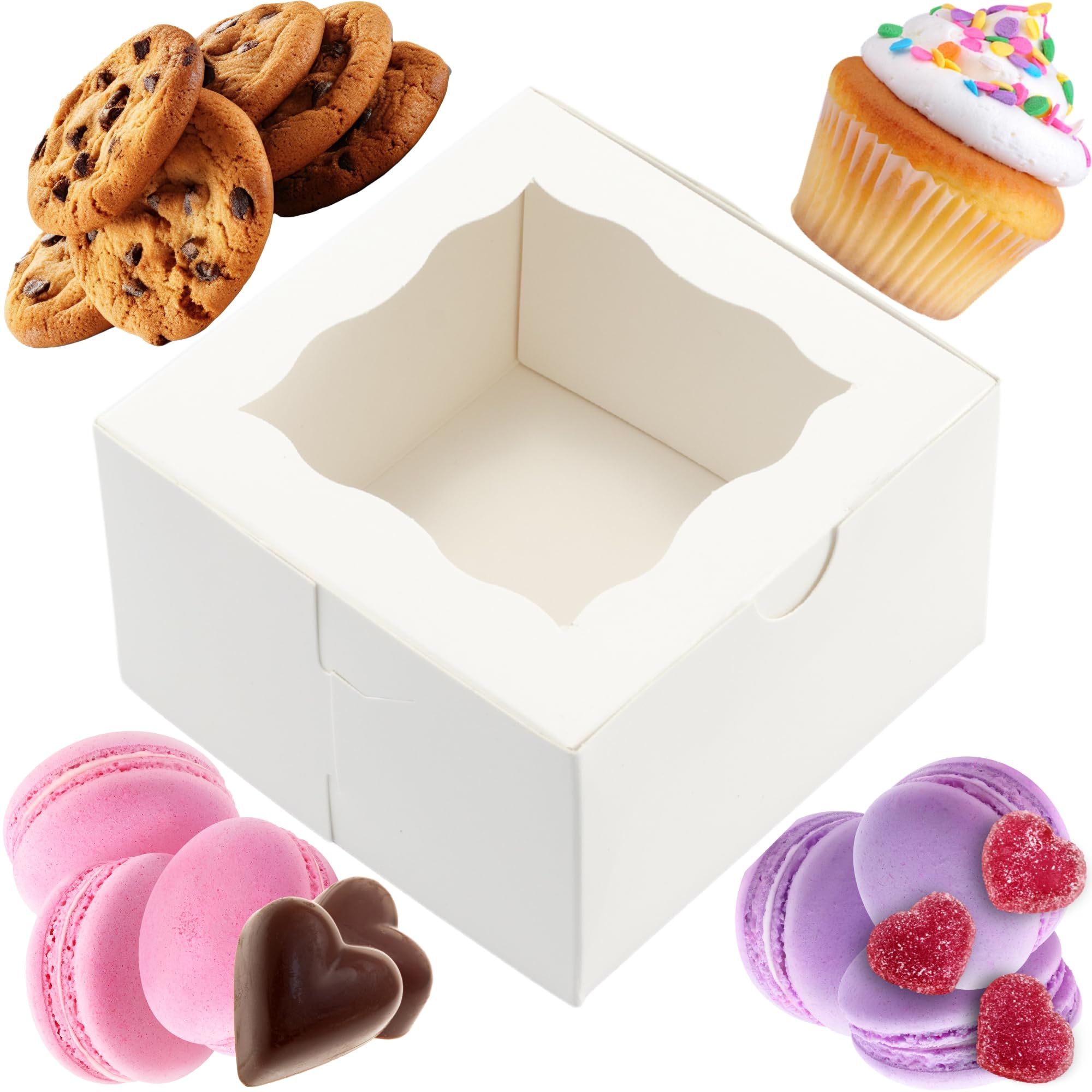 Photo 1 of BAKELUV 50pcs White Small Cookie Boxes with Window, 4x4x2.5 Inches Bakery Boxes, Mini Cake, Treats, Macaron Packaging, Individual Cupcake, Gift Giving