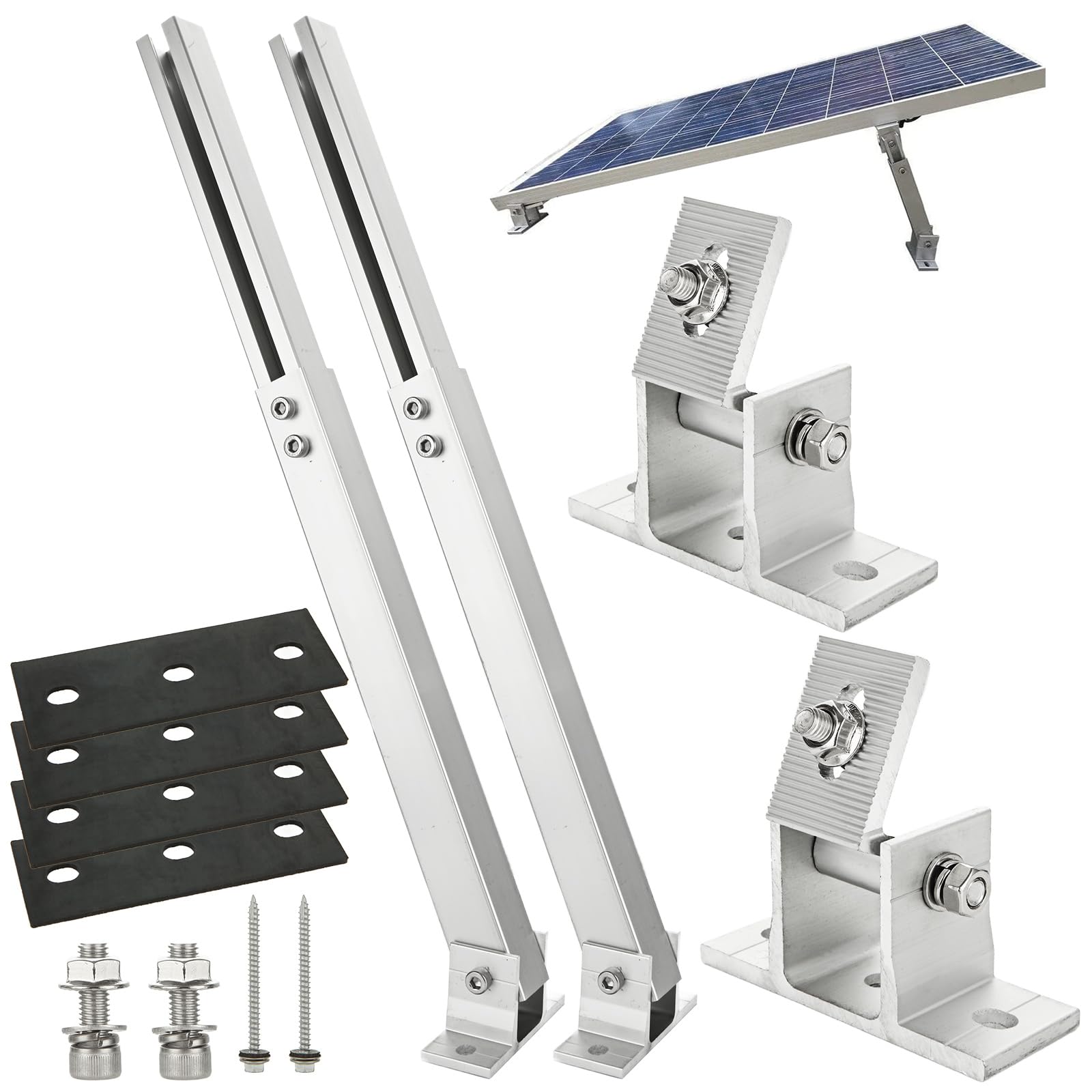 Photo 1 of Oungy Adjustable Solar Panel Tilt Mount Brackets Aluminum Alloy Solar Panel Mounting Support up to 50 70 100 150 200 300 400 Watt Solar Panel for Flat Surface Roof RV Boat Off-Grid (Mount Only) Silver