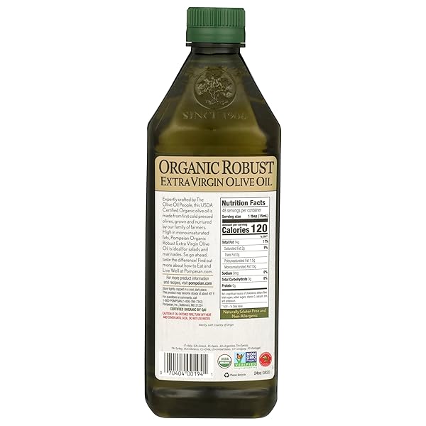 POMPEIAN USDA ORGANIC ROBUST EXTRA VIRGIN OLIVE OIL, CONTAINS POLYPHENOLS, FIRST COLD PRESSED, FULL-BODIED FLAVOR, PERFECT FOR SALAD DRESSINGS & MARINADES, 24 FL. OZ