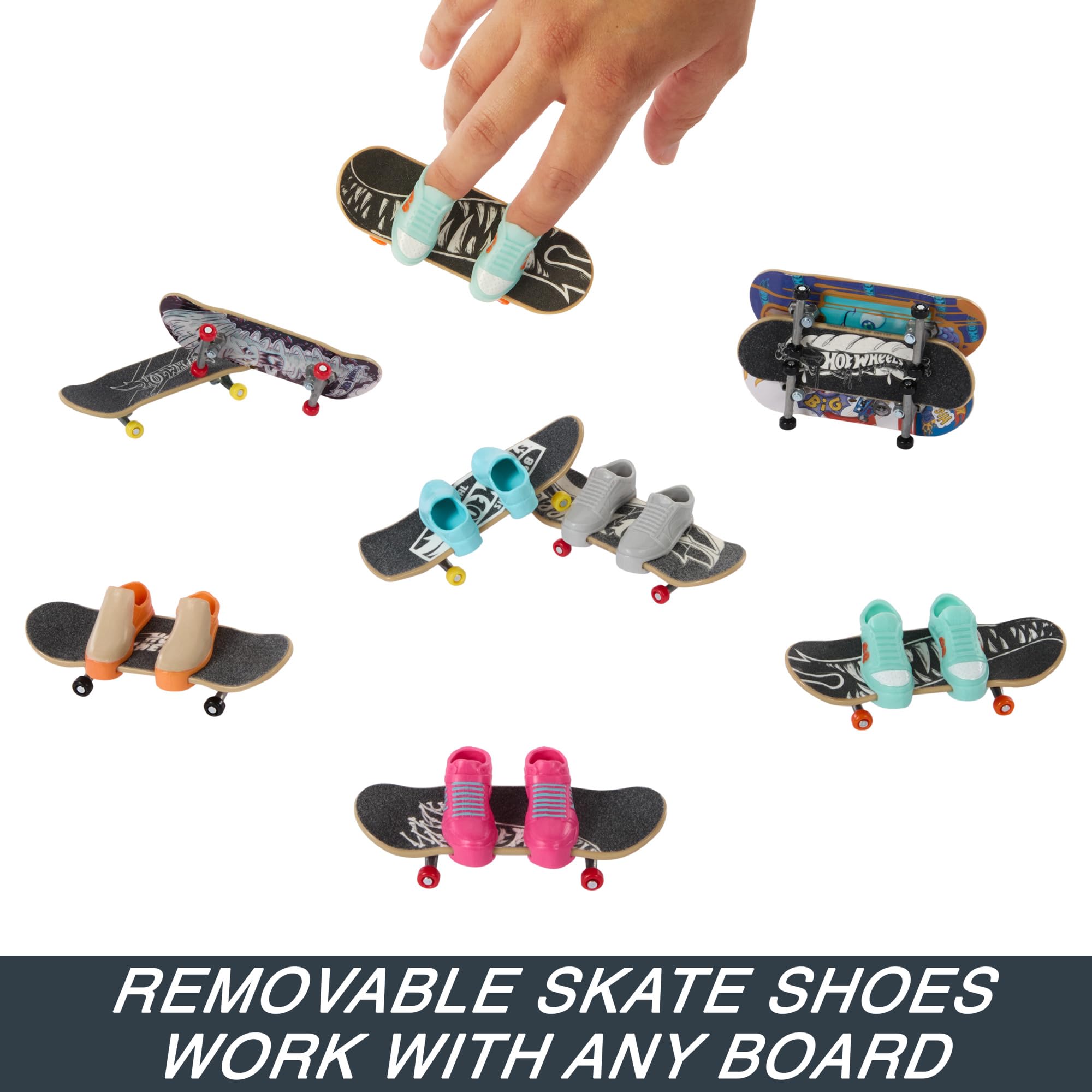 Hot Wheels Skate Fingerboards 10-Pack, Set of 10 Finger Skateboards with 5 Pairs of Removable Skate Shoes for Kids, Hot Wheels-Themed Graphics