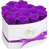 GLAMOUR BOUTIQUE Preserved Roses in a Box - Gifts for Her, Wife & Mom, Rose Flowers Forever Decor for Birthday Gift, Get Well Flower Bouquet Cased in White Box with Cover - Purple - 16 (Color-Treated)