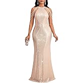 Cololura Women Sexy Elegant Sequin Tassel Off Shoulder Halter Bodycon Maxi Dress Party Evening Gown Formal Dress