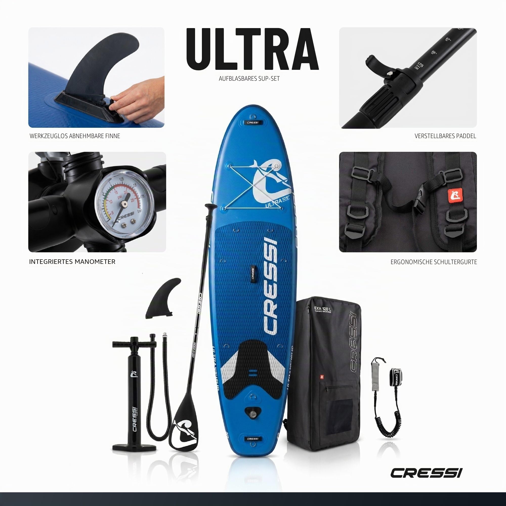 CRESSI seit 1946 - Ultra Isup Set - Aufblasbares SUP Board für Erwachsene Große Stabilität Strapazierfähigkeit Komplett Zubehör Paddel Flosse Pumpe Leine Tasche-Hellblau_320x81x15 cm Max 130 kg 2